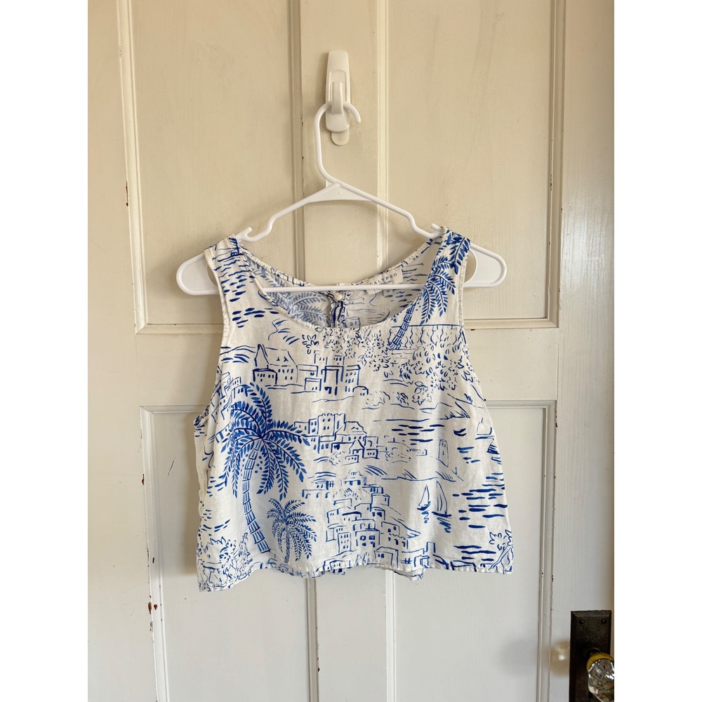 Calypso St. Barth tropical villa print blue & white button back top size medium